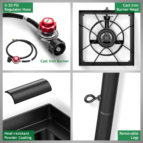 Close-up of Beefy 75,000 BTU Dual Burner Portable Gas Camp Stove components, including cast iron burner and removable legs.