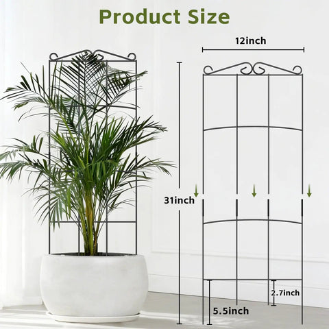 4 Pack 31 Inch Tall Metal Plant Trellis for Indoor and Outdoor Use in a white pot, measuring 12 inches wide and 31 inches tall