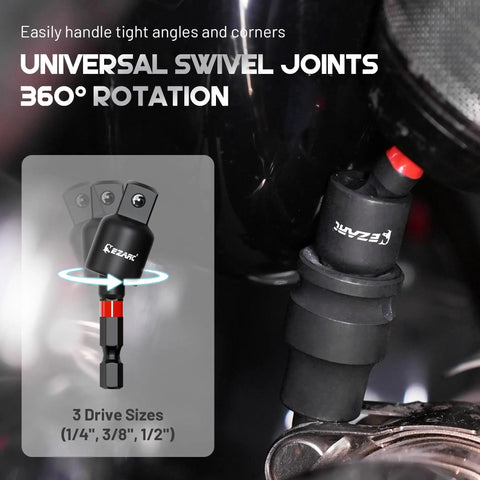 Universal swivel joint with 360° rotation in the 14 Piece Impact Socket Adapter Kit With Quick Release Extensions, Magnetic Drill Bit Extensions, And Swivel Joints, All In One Right Angle Drill Attachments For Power Drill And Impact Driver, Includes 1/4 Inch 3/8 Inch And 1/2 Inch Square Drive Adapters