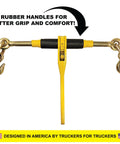 Heavy Duty Grade 70 Chain Load Binder Equipment Tie Down Kit With Four Snap Hook Ratchets And Grab Clamps, showing rubber handles for grip.