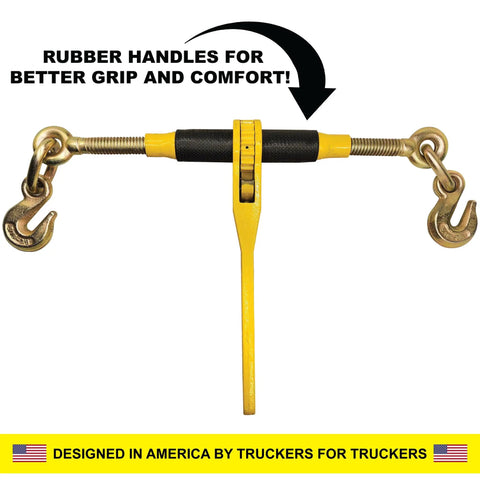 Heavy Duty 5/16 Inch Chain Load Binder Tie Down Kit with 5400 Lbs Working Limit, showing rubber handles for a better grip.