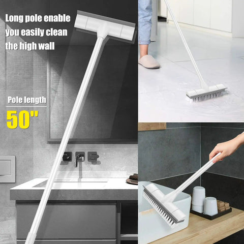 Floor Scrub Brush With Long Handle Two In One Scrape And Brush Stiff Bristles For Grimy Floors Cleaning Bathroom Kitchen Patio Garage Deck Tile Extendable Handle 33 To 50 Inches in use on bathroom and kitchen surfaces.