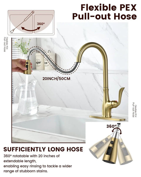 Patented Kitchen Faucet With Pull Down Sprayer And Soap Dispenser, Single Handle, Stainless Steel Brushed Nickel Finish, High Arc Pull Out Design With Deck Plate, Heavy Duty Ceramic Cartridge, 500000 Cycle Tested For Long Lasting Performance