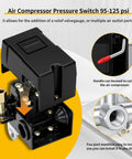 Four Port Air Compressor Pressure Switch For Pros And DIYs, Wide 95 To 125 PSI Range, 20 Amp Operation, NPT Quarter Inch Female
