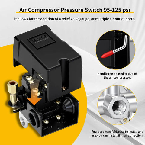 Four Port Air Compressor Pressure Switch For Pros And DIYs, Wide 95 To 125 PSI Range, 20 Amp Operation, NPT Quarter Inch Female
