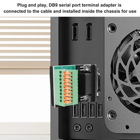 DB9 Solderless RS232 To 9-Pin Port Spring Terminal Breakout Adapter installed in computer chassis