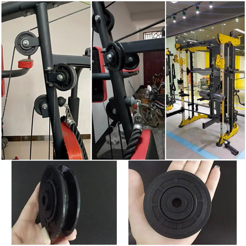 Two Pack 90mm Nylon Cable Pulley Wheels Replacement For Fitness Lat Pulldown And Cable Machines Lightweight Bearings Easy Install Universal 90mm Wheel Roller To Upgrade Your Home Gym Gear And Strength Training Parts, showing pulleys in use and close-up of nylon wheel