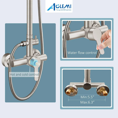 Outdoor Shower Setup Kit In 304 Stainless Steel With Brushed Nickel Finish showing control valves and mounting details