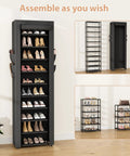 Vertical Narrow Shoe Rack Organizer Ten Tier Tall Shelf That Holds 20 To 22 Pairs, black, shown assembled with shoes in room