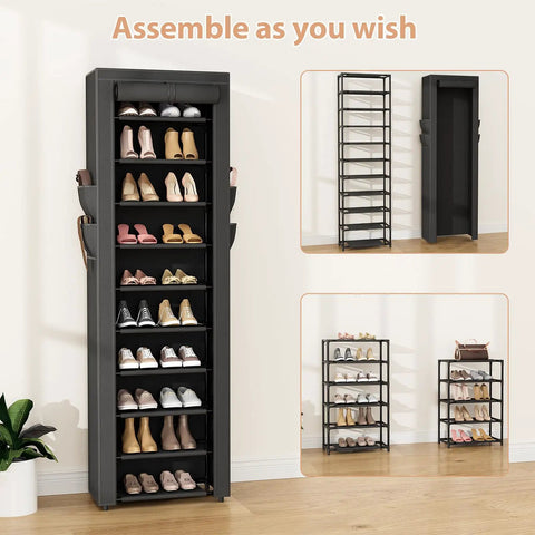 Vertical Narrow Shoe Rack Organizer Ten Tier Tall Shelf That Holds 20 To 22 Pairs, black, shown assembled with shoes in room