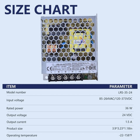 Solid Core Switching Power Supply Serving Up Steady 24 Volt 1.5 Amp 36 Watts For Plc Panels And Home Setups Size chart showing specifications.