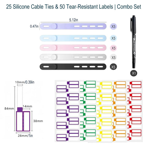 Ultimate 76 Piece Cable Organizer Set with silicone ties, reusable straps, write-on tags, marker for home office travel cables