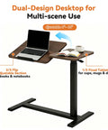 Solid Mobile Standing Desk With Pneumatic Lift And Tilt Top, Smooth Swivel Casters, Heavy Duty Steel Frame Walnut Laptop Workstation For Home Office Flex Bedside Chill, featuring dual-design desktop for versatile use.