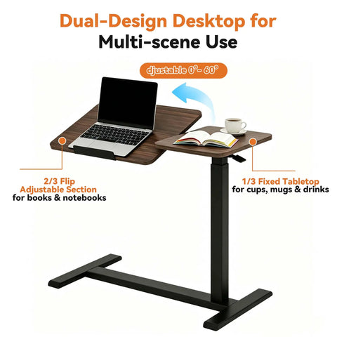 Solid Mobile Standing Desk With Pneumatic Lift And Tilt Top, Smooth Swivel Casters, Heavy Duty Steel Frame Walnut Laptop Workstation For Home Office Flex Bedside Chill, featuring dual-design desktop for versatile use.