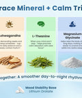 Powerful Mood Boost Nootropic Blend With Lithium Orotate And L-Theanine, Ashwagandha Stress Support ingredients infographic.