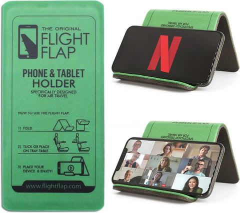 Airplane Travel Phone Holder, Flexible Folding Desk Stand For Bed, Office, And Treadmill, Hands Free Viewing At Eye Level on tray table with video call and streaming apps.