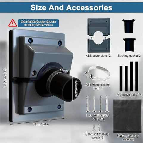 Built Tough HVAC Wall Penetration Cover And Line Set Cover Kit Crafted From UV Resistant ABS For Solid AC Duct Coverage With A Quick Seal That Works Like A Charm In Sleek Grey, showing size and included accessories.