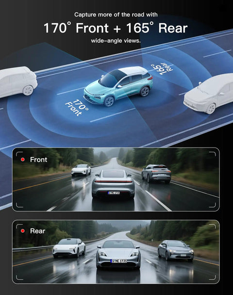 Dual Front And Rear Dash Cam With 4K Front And 2.5K Rear showing wide-angle views of surrounding cars.