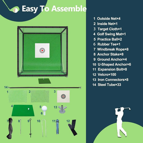 Backyard Golf Hitting Net Cage With Mat And Target, Heavy Duty Iron Frame Practice Net, assembly components shown.