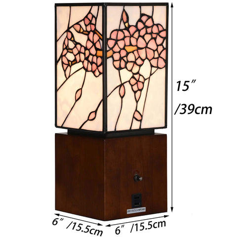Cherry Blossom Tiffany Style Stained Glass Accent Table Lamp Night Light With USB Ports Wood Cube Base 6 Inch Wide By 15 Inch High Pink