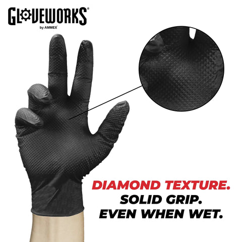 GLOVEWORKS by AMMEX black nitrile disposable glove, 6 mil, X-Large, powder-free, diamond texture grip