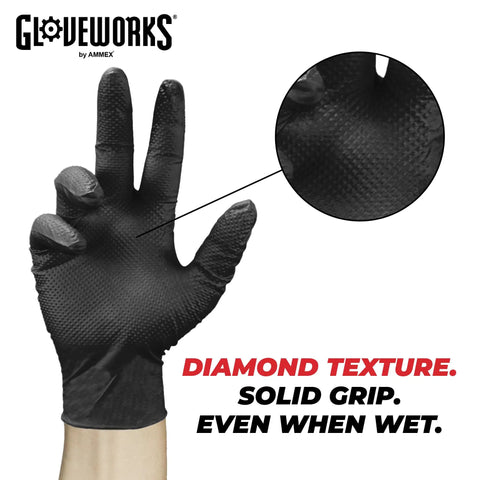 Black nitrile glove with diamond texture grip shown up close, highlighting 6 Mil Black Nitrile Disposable Gloves With Raised Diamond Grip.