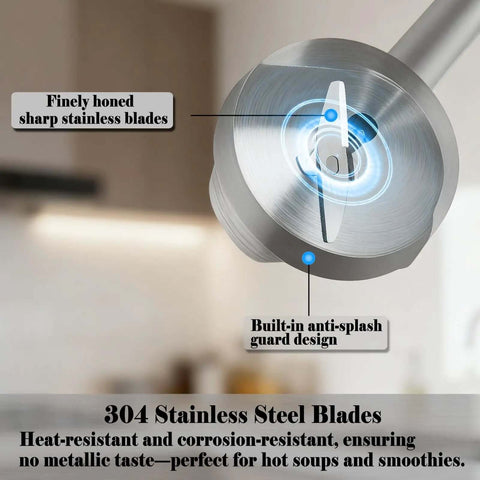 Kickass Handheld Immersion Blender With 1000W Brushless Motor And 11 Speeds Anti Splash Design Plus Stainless Steel Blades close-up of sharp stainless steel blades with anti-splash guard