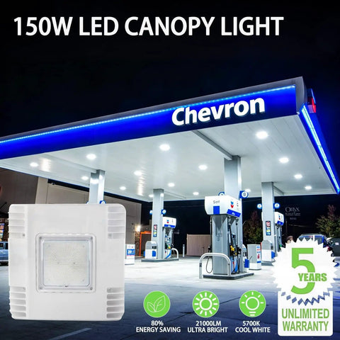 LED Canopy Light For Gas Stations 150W 21000 Lumens Surface Mount Ceiling Fixture 5700K Daylight White IP65 Waterproof