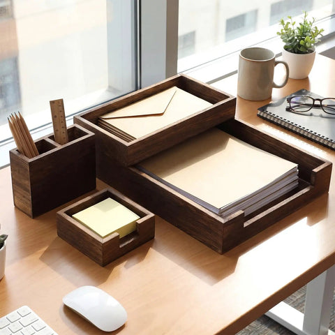 Wood Desk Organizer Kit 4 Pack With Front Load Document Tray Mail Sorter Pen Cup And Sticky Note Holder for home office