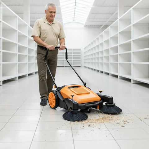 Massive 41 Inch Outdoor Hand Push Floor Sweeper With Huge 14 Gallon Dustpan Capacity Perfect For Patios Driveways And Commercial Yards High Efficiency Cleaning Machine That Makes Broom Work Obsolete Super Duper Easy To Maneuver Around Big Spaces