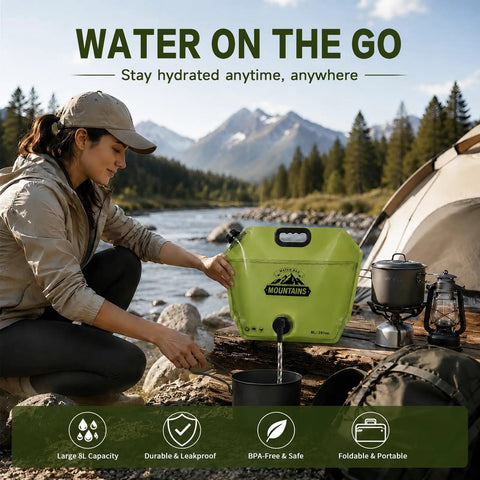 Woman using Two Pack Collapsible Water Jug For Camping And Hiking, 2 Gallon Leakproof Water Container With Spout by a tent and river.