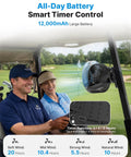 Golf Cart Misting Fan With 12000mAh Battery, Magnetic Mounts And Secure Strap, 4 Speeds, LED, Timer, For EZGO Club Car Yamaha, Camping And Outdoor Cooling, mounted on golf cart with couple seated inside.