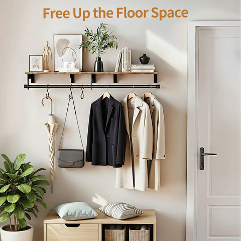 Heavy Duty Wall Mount Clothes Rack Featuring A Solid Wood Top Shelf And Rust Free Steel Framing For A No Fuss Entryway Setup That Bags Outerwear While Your Spot Stays Tight with coats and bags organized.