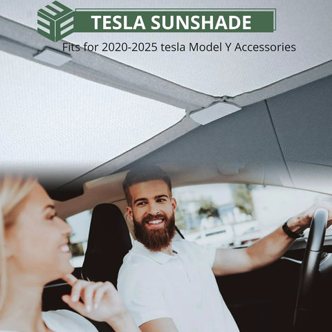 Installed silver EYPINS Model Y sunshade roof cover for Tesla Model Y (2020–2025), interior view.