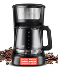 Front view of 12 Cup One Touch Coffee Maker With Pause And Serve Automatic Keep Warm Easy View Water Window Compact Stainless Steel Accents Black Finish
