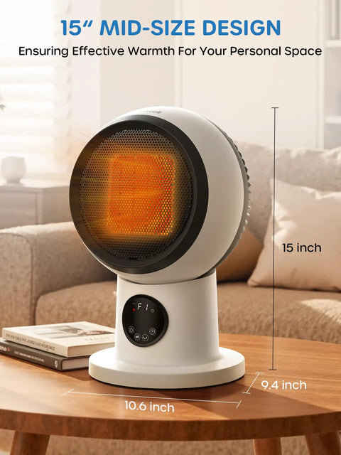 15 Inch Compact Modern Heater And Fan 2 In 1 Remote 1500W PTC Ceramic Space Heater on table in cozy living room