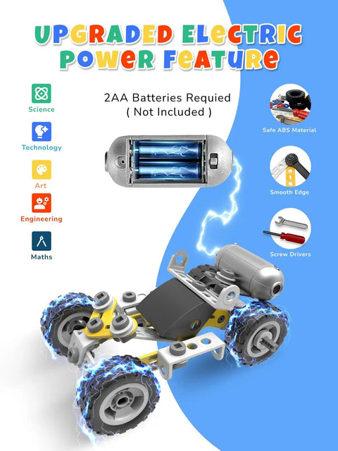 10 In 1 STEM Toys For Kids Ages 4 5 6 7 8 Build Kit With Electric Motor and racing car model, highlighting electric power feature