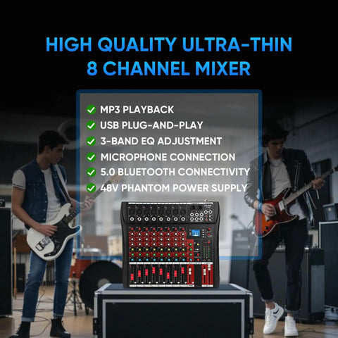 8 Channel DJ Audio Mixer With Bluetooth 5.0, USB Recording, MP3/USB Playback, Built-In Reverb, 48V Phantom Power, LED Display in studio