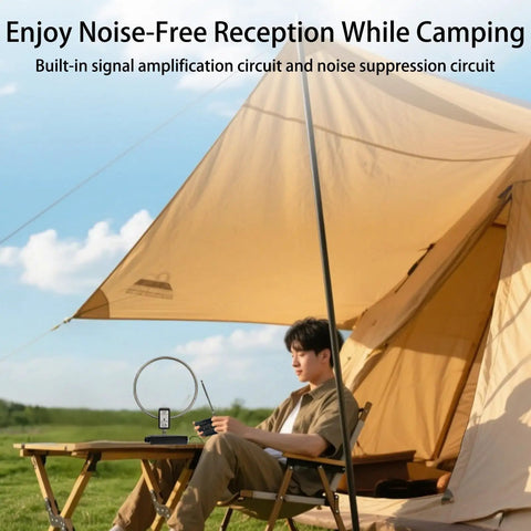 Person using Active Loop Antenna For Shortwave Radio Covering 2.3 To 30 Megahertz And 522 To 1710 Kilohertz, camping scene