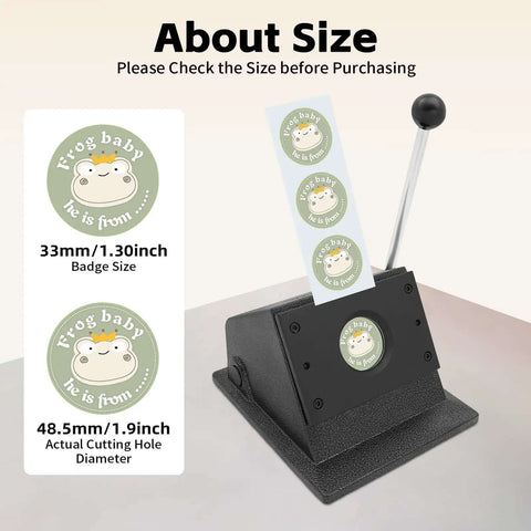 37mm Round Manual Card Badge Cutter With 3.15 Inch Labor Saving Handle for precise badge and button making, black with frog design