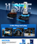 Comparison of halogen bulb and H11 H8 LED Fog Light Bulbs 10000 Lumens 6000K White Ultra Bright Plug And Play for fog lights.