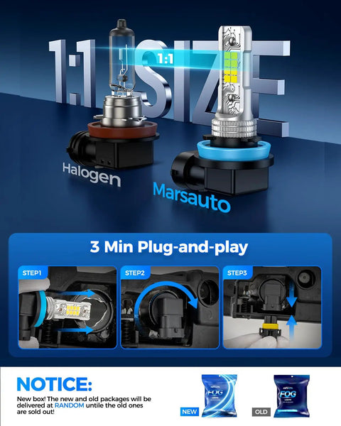 Comparison of halogen bulb and H11 H8 LED Fog Light Bulbs 10000 Lumens 6000K White Ultra Bright Plug And Play for fog lights.
