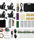 Four Coil Tattoo Machine Kit Set For Lining Shading And Coloring With Power Supply Foot Pedal Cartridges And Color Pack