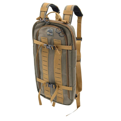 Versatile Tactical Hydration Pack With MOLLE System And Three Wear Modes in khaki with chest pack attachment