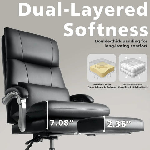 Image of cloud-like comfy office chair with footrest, highlighting overstuffed fiberfill and dual-layer seat for comfort and durability.