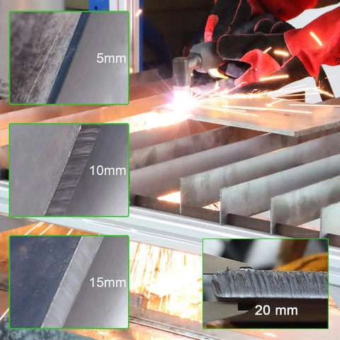 65 Amp Dual Voltage Plasma Cutter Machine 120V 240V Beast with IGBT Inverter cutting metal at various thicknesses from 5mm to 20mm