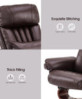 Swivel Recliner With Ottoman And Vibration Massage, Faux Leather TV Chair For Small Spaces, RV, Living Room Or Bedroom, Dark Brown, Ergonomic Back Support And Plush Headrest with emphasis on stitching and filling details.
