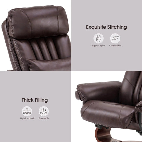 Swivel Recliner With Ottoman And Vibration Massage, Faux Leather TV Chair For Small Spaces, RV, Living Room Or Bedroom, Dark Brown, Ergonomic Back Support And Plush Headrest with emphasis on stitching and filling details.