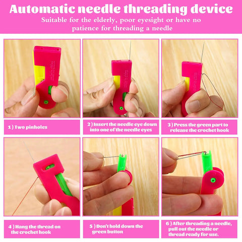 Step-by-step guide to using an automatic needle threading device for easy sewing.