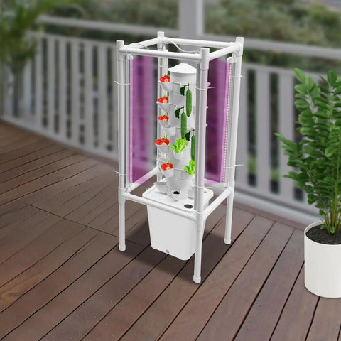Vertical Hydroponic Grow Tower Kit With Four Led Lamps Six Levels And Thirty Planting Points For Maximum Yields on balcony